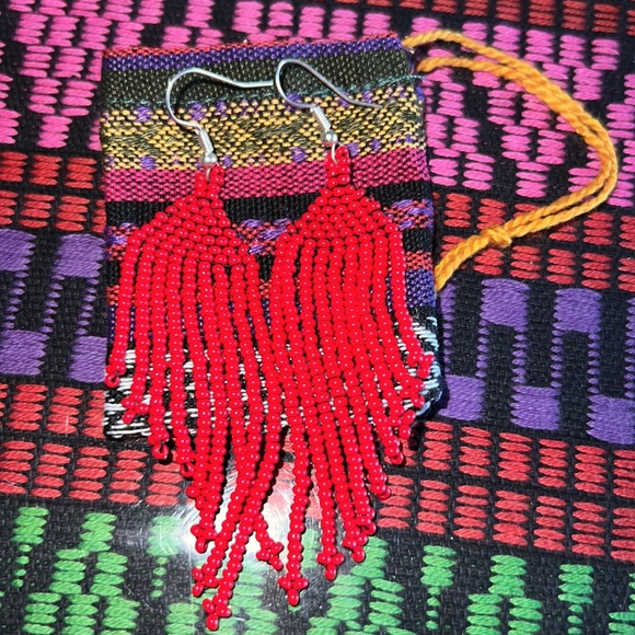 Bohemian Red Dangle Beaded Earrings asymmetrical hand crafted 2 inches long - Picture 2 of 4